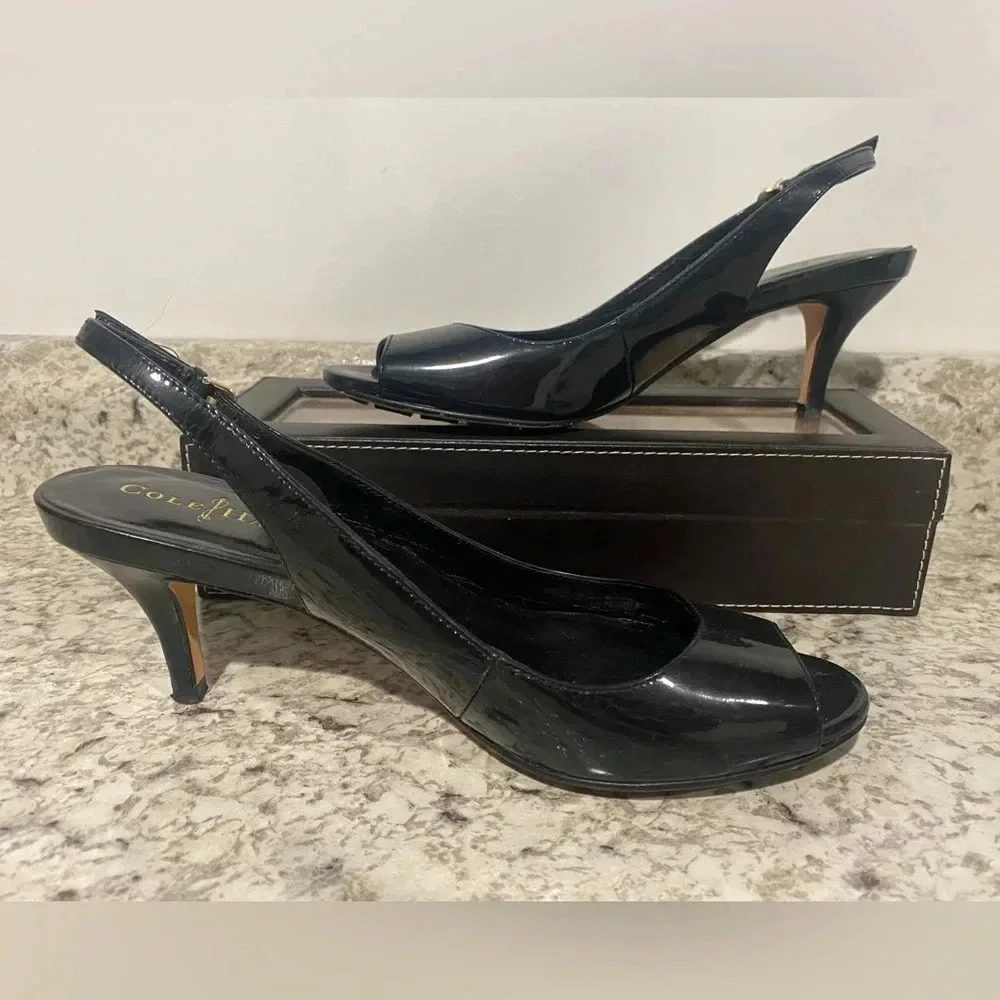 Cole Haan NikeAir Womens Shoes Black Patent Leather Slingback Heels size 7.5